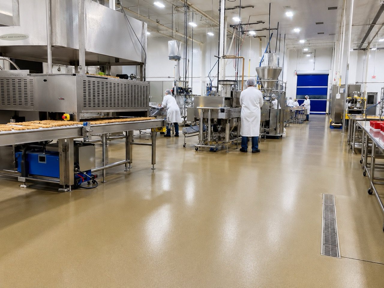 Food processing facility interior with workers in lab coats, featuring stainless steel equipment and conveyor belts for food production. The clean environment highlights industrial machinery and efficient workflow.