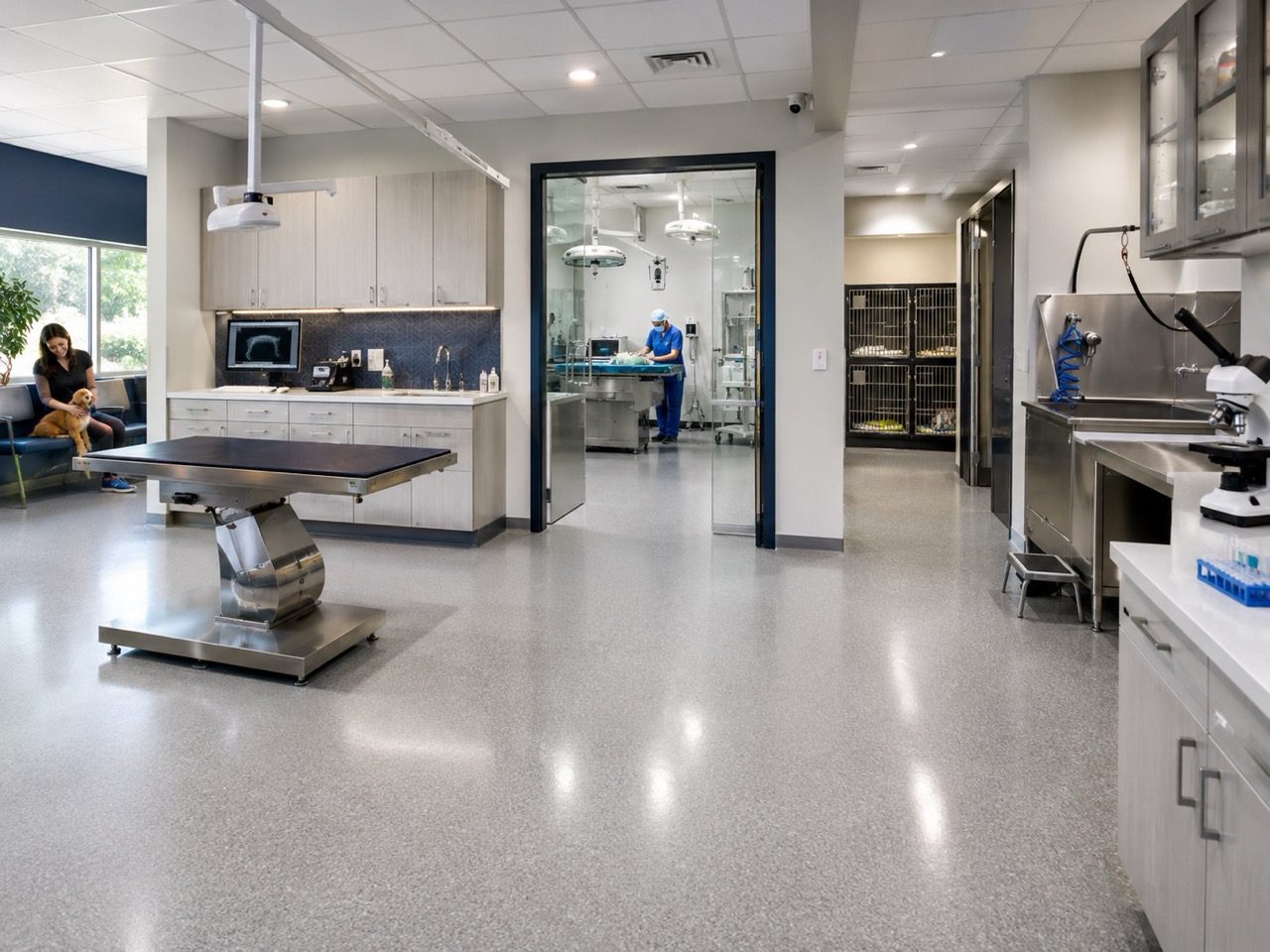 Modern veterinary clinic interior with examination table, surgical equipment, and sterile environment. Brightly lit space featuring a clean, polished floor and medical staff in the background.