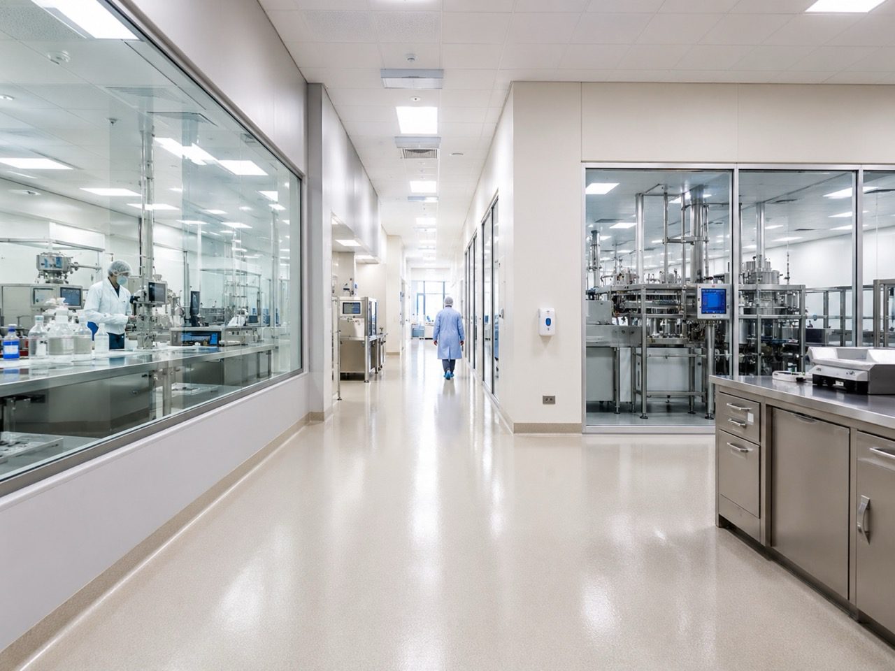 Modern laboratory interior with cleanroom design, featuring glass walls, laboratory equipment, and personnel in protective gear, emphasizing a sterile and organized environment for scientific research and production.